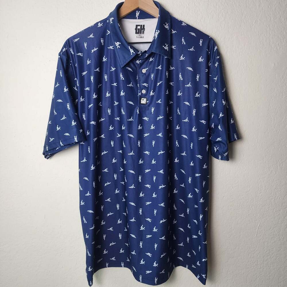 Greater Half Polo Shirt Mens XL Blue Adult Humor Graphic Print Novelty Stretch